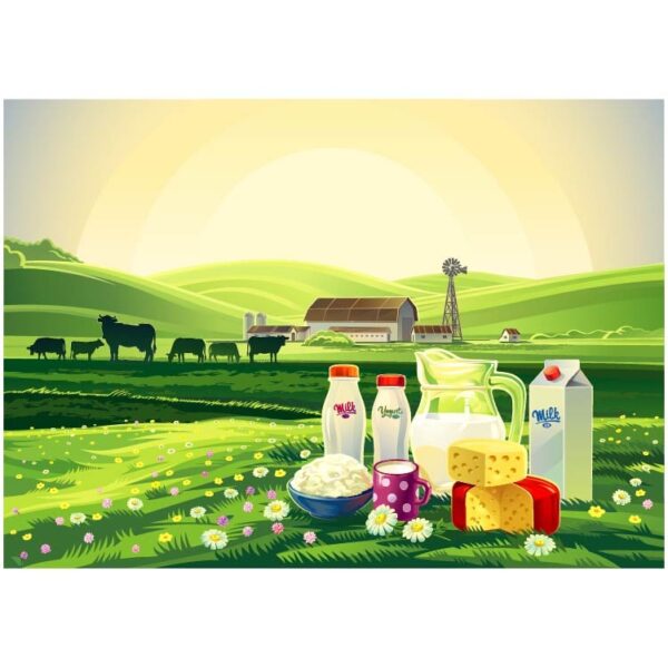 Set of dairy products and farmhouse landscape with cows