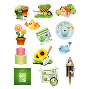 Set of spring season gardening objects and flowers