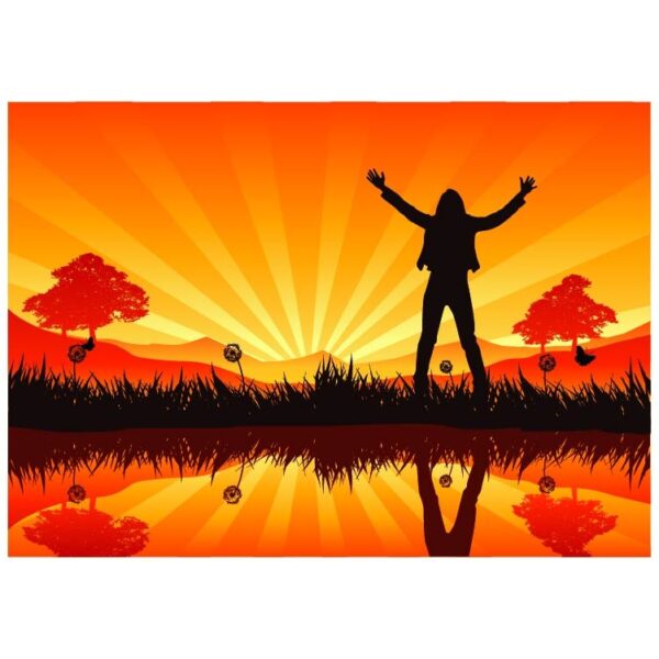 Silhouette of young man with arms up with cheerful on golden sunrise background with successful life concept