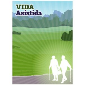 Spanish assisted living old men and women walking cartoon with healthy active lifestyle older people