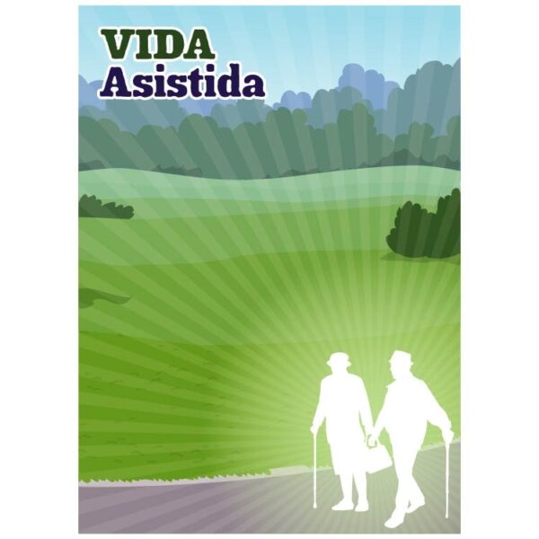 Spanish assisted living old men and women walking cartoon with healthy active lifestyle older people