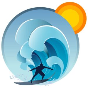 Surfer graphic on an abstract circular and swirl