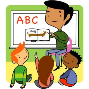 Teacher teaching the children to blackboard and books