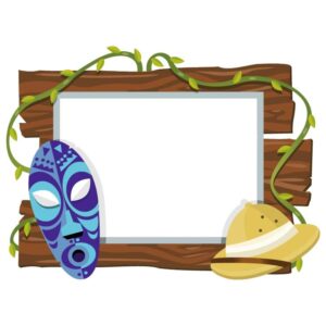 Tiki mask and wooden frame with cap for copy space in safrari frame