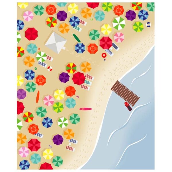 Top view of beach umbrella in flat icon design at sea background vector illustration