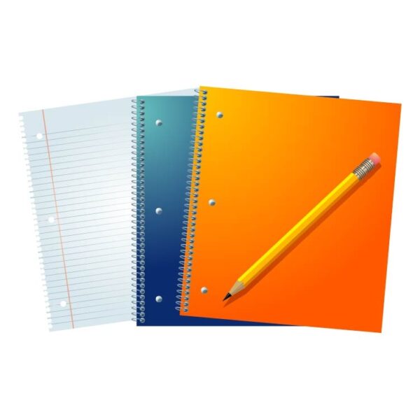 Top view of colorful spiral notebook with page and pencil