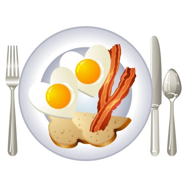 Top view of delicious healthy breakfast with bacon slices fried eggs and toasts