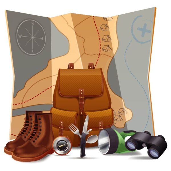 Tourism and hiking concept with realistic boots backpack binoculars