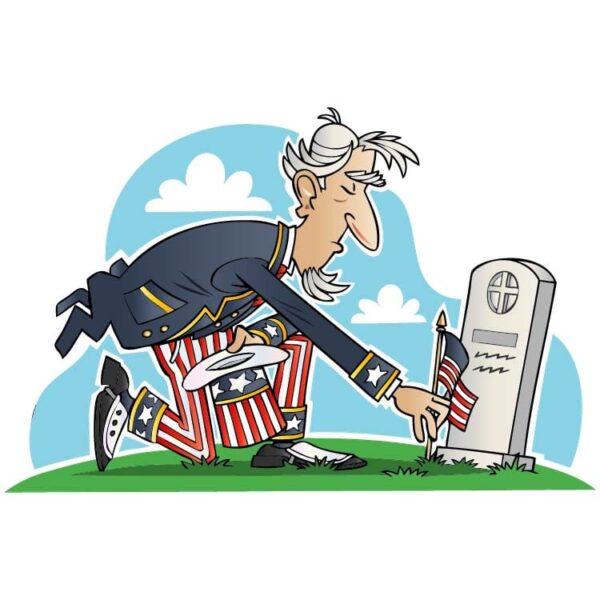 USA Uncle sam burying the flag in front of tombstone