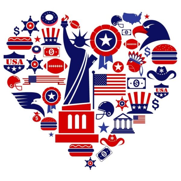 USA love and heart shape with USA icons
