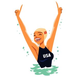 USA young woman with swimming rubber hat in winner style