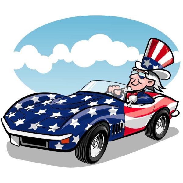Uncle sam driving a patriotic roadster