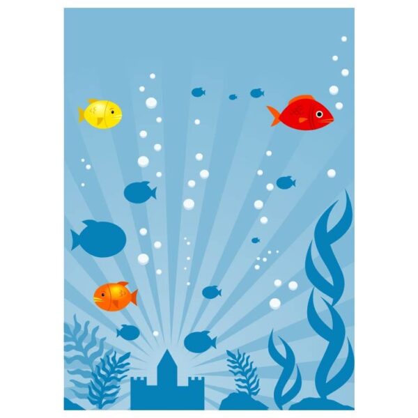 Underwater scene with cartoon fish and glow church
