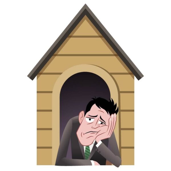 Unhappy cartoon man has found himself in the dog house