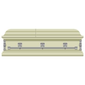 Wooden coffin in light olive color with front view