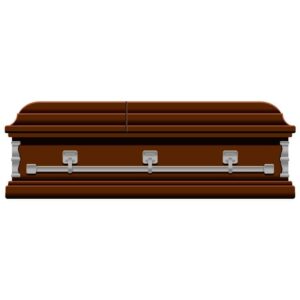 Wooden coffin in rust color with front view