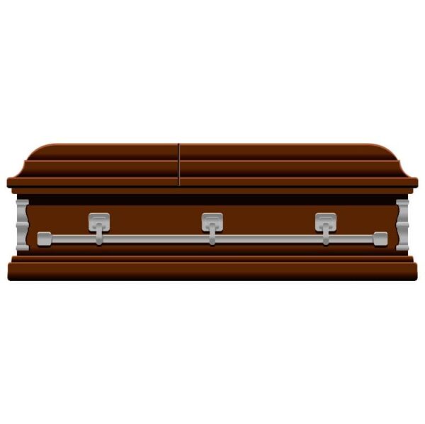 Wooden coffin in rust color with front view