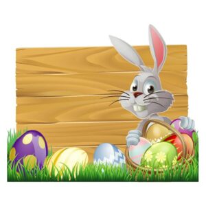 Wooden sign easter white rabbit and easter eggs with grass vector illustration