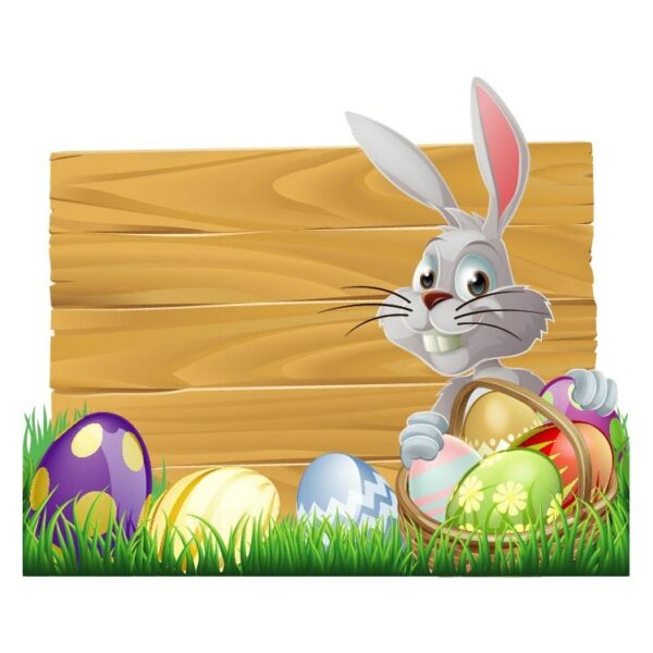 Wooden sign easter white rabbit and easter eggs with grass vector illustration