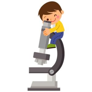 Young boy cartoon using microscope