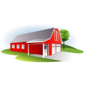 farm barn house with green places and tree isolated on white background