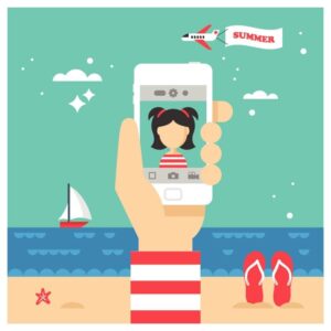 girl selfie character on beach with smartphone in summer vacation