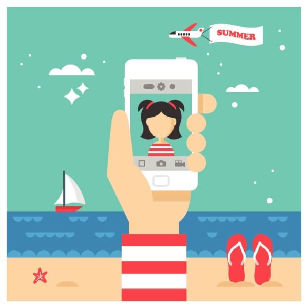 girl selfie character on beach with smartphone in summer vacation