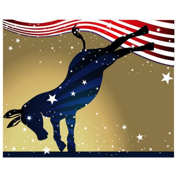 A donkey with back leg trunk in the air and an American flag in the background democratic political mascot