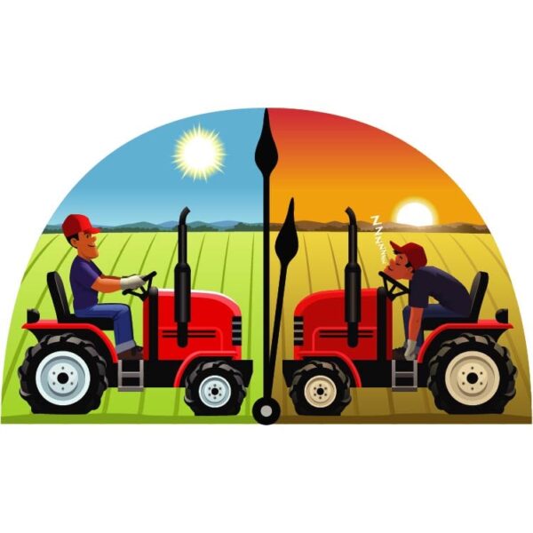 A fresh man does farming with a tractor at sunrise and the same man is tired on a tractor in the field at sunset