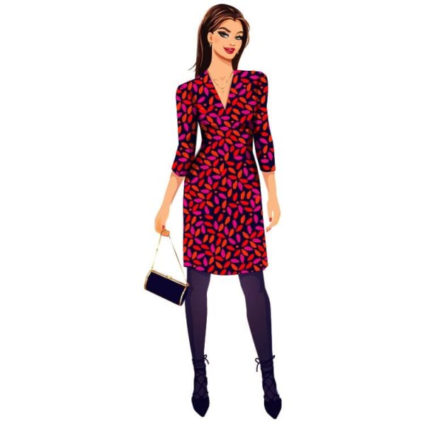 A girl in black and red lips print silk wrap dress with handbag