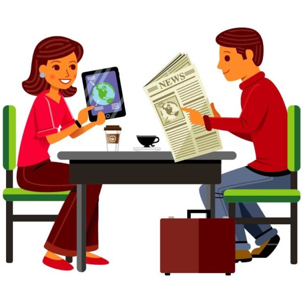 A girl showing the tablet and man reading the newspaper sitting at home table
