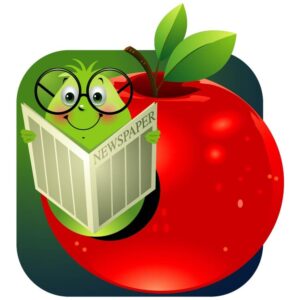 A happy cute cartoon caterpillar reading newspaper and coming out of an apple and wearing glasses