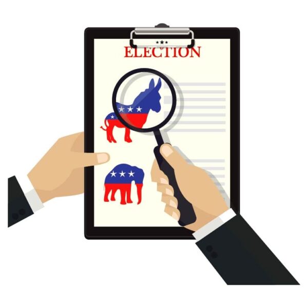 A man checking US Election checklist democratic party clipart with magnifying glass