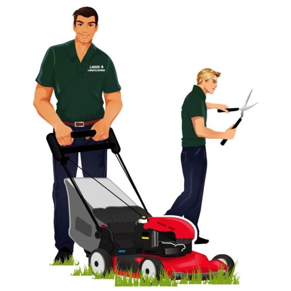 A man with lawn mower cutting green grass and another man hand holding Scissors cutting green gras