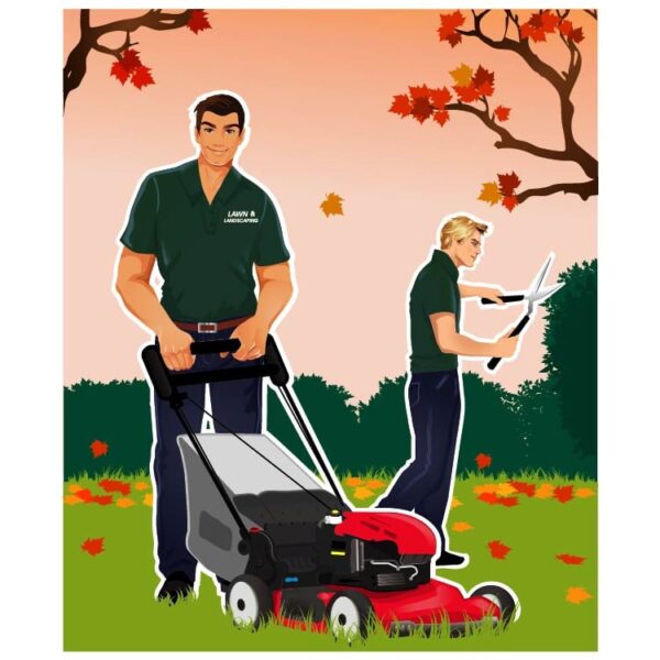 A man with lawn mower cutting green grass and another man hand holding scissors automn season background