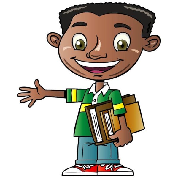 African american school cartoon boy character with textbooks speak