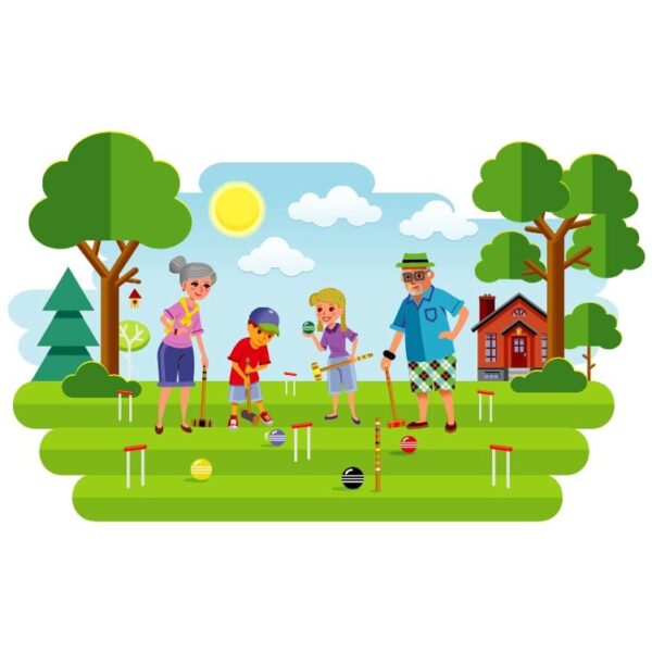 All Family member playing stick golf and kids learning golf lesson