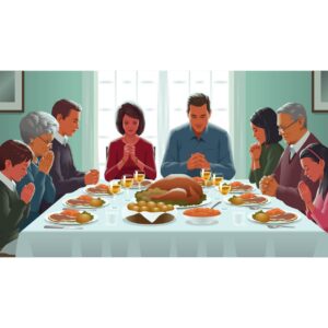 All family members pray on lunch table before the lunch with house background