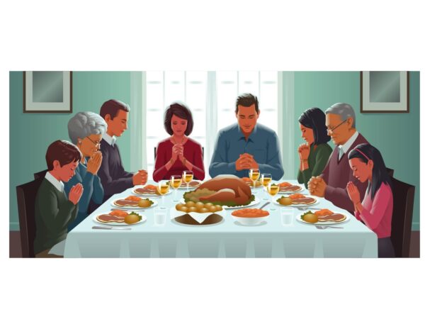 All family members pray on lunch table before the lunch with house background