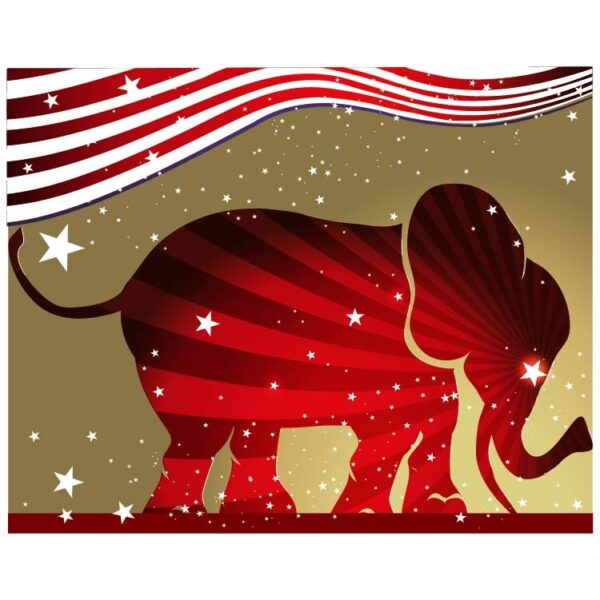 An elephant in silhouette with trunk in the air and an American flag in the background republican political mascot