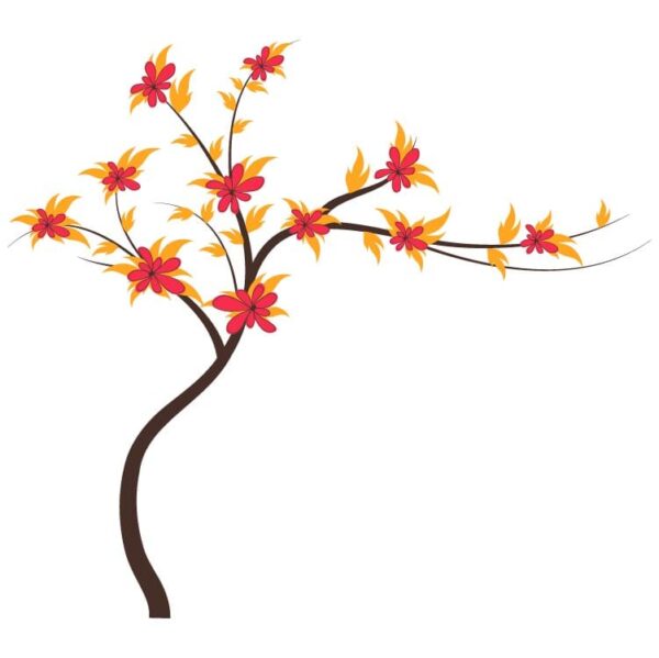 Autumn branch with colorful leaves and flowers on pink yellow background
