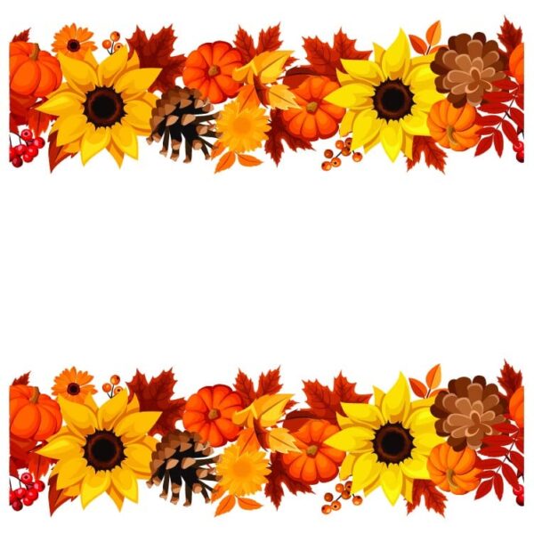 Autumn flowers with leaves and pumpkin frame