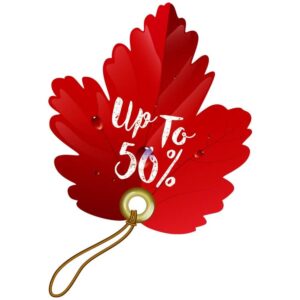 Autumn sale tag on autumn leave with upto 50 percent discount