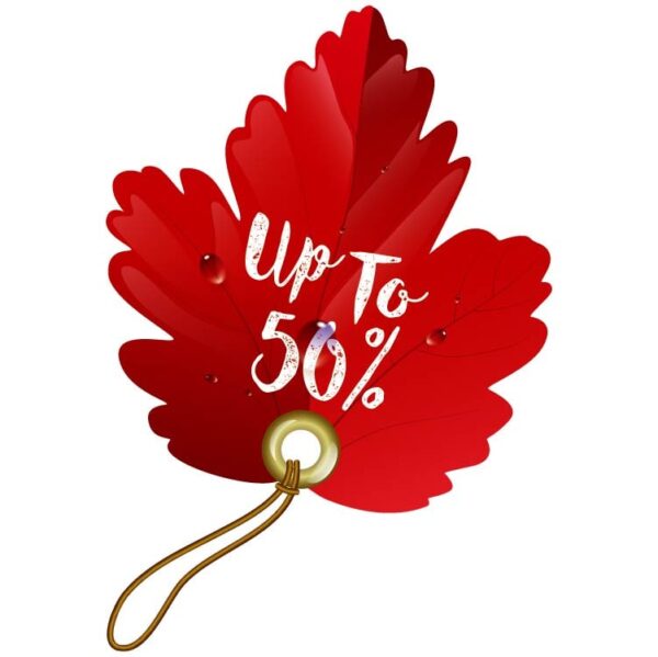 Autumn sale tag on autumn leave with upto 50 percent discount