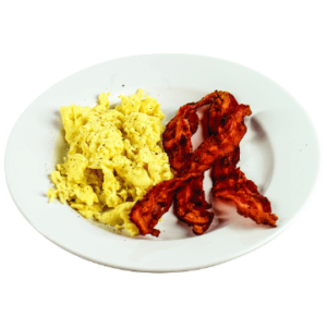 Bacon and scrambled eggs on a plate or scrambled eggs and fried bacon on plate