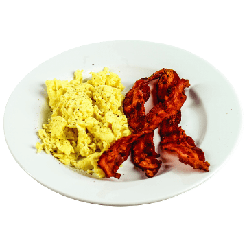 Bacon and scrambled eggs on a plate or scrambled eggs and fried bacon on plate