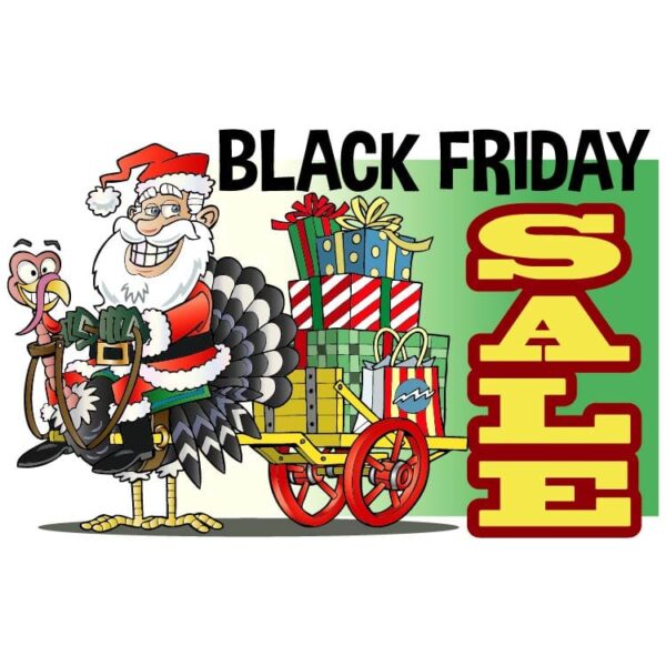Black friday sale with Santa Claus sitting on a cock pulling a sleigh full of gifts