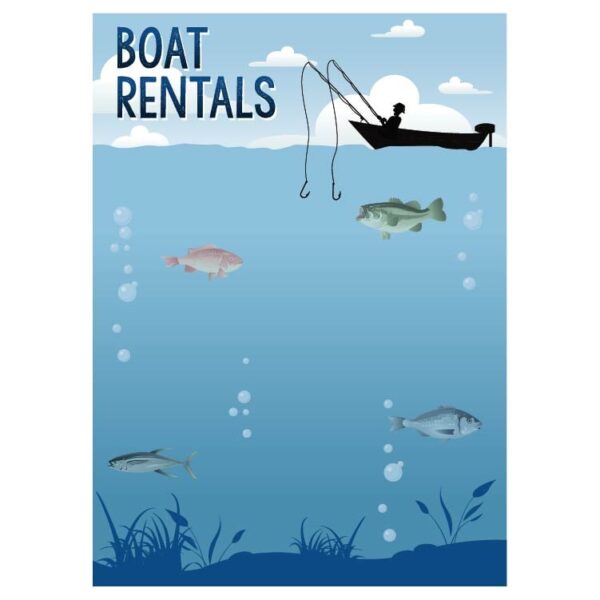 Boat rentals slogan and fisherman with a fishing rod in his hands camping vacation for catching fish