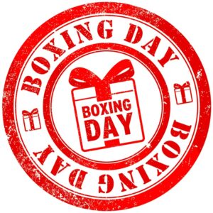 Boxing day hallmark or stamp in round circle with gift box