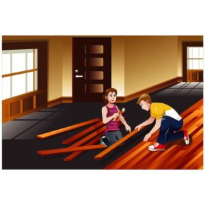 Boy and girl carpenter installing wood flooring